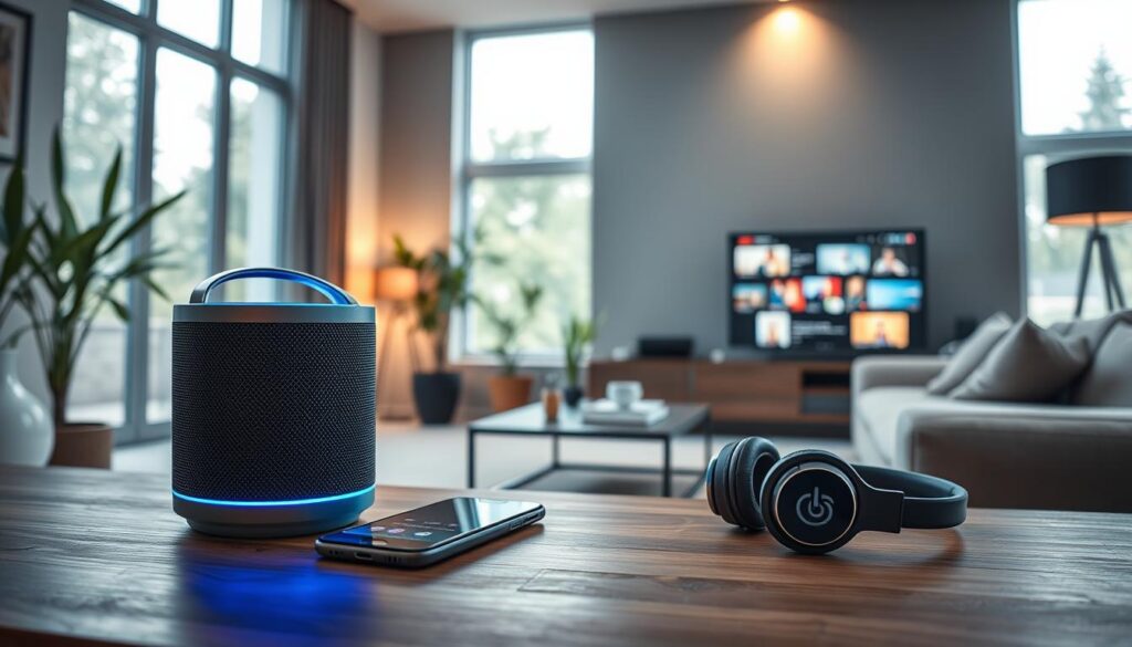 A sleek and modern living room featuring various Bluetooth devices seamlessly integrated into daily life. In the foreground, a stylish Bluetooth speaker emits soft blue light, surrounded by a smartphone and wireless headphones, showcasing convenience. The middle ground includes a smart TV displaying streaming content, all connected by invisible Bluetooth signals, highlighting the ease of use. In the background, large windows let in natural light, illuminating a cozy atmosphere with plants and contemporary furniture. The scene captures a harmonious blend of technology and comfort, emphasizing the effortless connectivity that Bluetooth offers, all portrayed with a warm color palette and inviting ambiance.