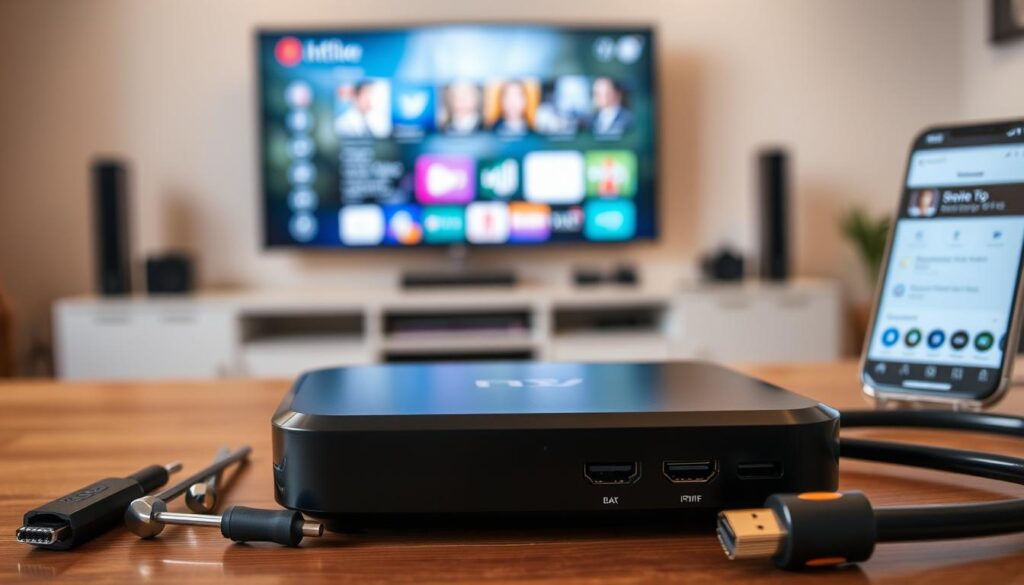 A sleek, modern IPTV Android box is placed prominently in the foreground, showcasing its ports and sleek design. Surrounding it are various tools and gadgets, such as a small screwdriver set, an HDMI cable, and a smartphone displaying a settings menu, signifying the update process. In the background, a blurred home entertainment setup can be seen, featuring a large TV screen playing a vibrant streaming interface. Soft, diffused lighting highlights the polished surfaces of the IPTV box, creating a warm and inviting atmosphere. The angle is slightly elevated to give a comprehensive view of the components. The overall mood conveys a sense of technology maintenance and user engagement, suitable for illustrating the importance of updates and upkeep in IPTV systems for users in a modern home environment.