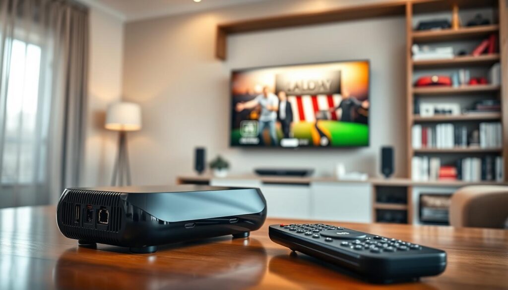 A sleek, modern IPTV box displayed prominently on a polished wooden table in a well-lit living room. The box features a shiny black finish with rounded edges, displaying several ports at the back including HDMI and Ethernet. In the foreground, a stylish remote control, with illuminated buttons, lies next to the IPTV box. The middle ground showcases a large flat-screen TV mounted on the wall, displaying vibrant content. Soft, ambient lighting casts a warm glow throughout the room, creating a cozy atmosphere. To the background, an elegant bookshelf filled with tech gadgets and books adds depth. The angle captures both the box and the TV, emphasizing their interconnectedness. The mood is inviting and tech-savvy, appealing to those interested in advanced home entertainment systems.