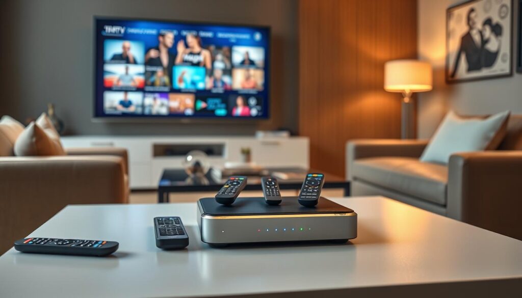 A sleek, modern living room featuring a high-tech IPTV box on a stylish coffee table. In the foreground, the IPTV box is elegantly designed, with glowing LED indicators, surrounded by a few popular remote controls. The middle ground showcases a large flat-screen TV displaying vivid on-screen content, casting a warm glow. In the background, there are comfortable couches and tasteful decor, suggesting a cozy yet upscale environment. Soft, diffused lighting creates an inviting atmosphere, emphasizing the cutting-edge technology of the IPTV setup. A lens flare from the TV enhances the futuristic feel of the scene while maintaining a professional and sophisticated mood. The overall composition invites viewers to imagine a seamless integration of technology into their home entertainment experience.