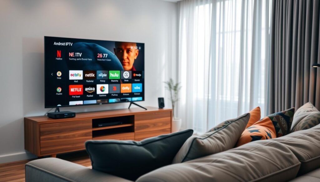 A sleek modern living room featuring a stylish Android IPTV box on a wooden entertainment center, with a large flat-screen TV displaying various popular streaming service logos such as Netflix, Hulu, and Amazon Prime. In the foreground, a comfortable sofa adorned with colorful cushions invites relaxation. Soft ambient lighting creates a cozy atmosphere, while natural light filters through sheer curtains in the background. The scene is framed from a slightly elevated angle, highlighting the integration of technology and home comfort. The mood is inviting and contemporary, illustrating the ease of accessing diverse streaming services through an Android IPTV box for home entertainment.