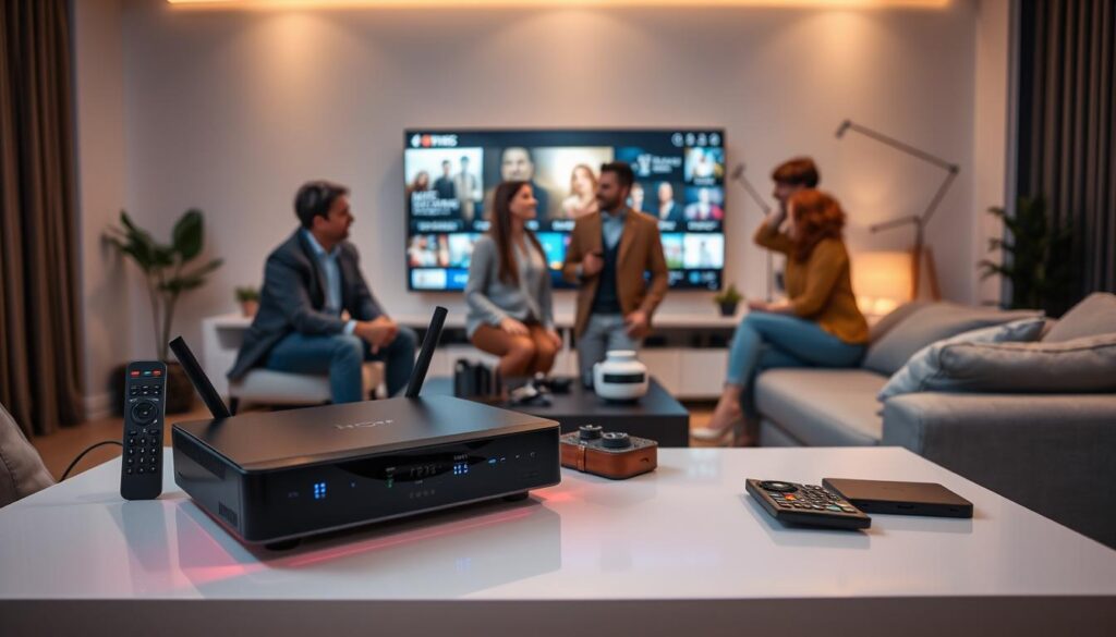 A sleek, modern living room setting featuring a high-tech IPTV box prominently displayed on a stylish media console. In the foreground, focus on the IPTV box with glowing LED indicators, surrounded by an array of remote controls and smart devices, showcasing its advanced features. In the middle ground, a family of four, dressed in smart casual attire, is engaging in a discussion about their viewing options, their expressions reflecting excitement and curiosity. In the background, a large flat-screen TV displays a vibrant streaming interface, subtly illuminated by soft ambient lighting. The atmosphere is warm and inviting, accentuated by cozy decor and soft shadows, creating an engaging and informative scene about key considerations in choosing an IPTV box.