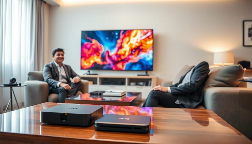 A sleek, modern living room setting featuring a large, ultra-high-definition 4K television displaying vibrant colors and crisp details. In the foreground, a polished coffee table holds a remote control and a sleek, user-friendly IPTV box. To the left, a satisfied individual dressed in professional attire sits comfortably on an elegant sofa, with a look of contentment on their face as they enjoy flawless streaming. Soft, ambient lighting enhances the scene, with light filtering through sheer curtains, casting a warm glow on the surroundings. In the background, subtle hints of high-tech gadgets and comfortable decor create a cozy yet sophisticated atmosphere, emphasizing the security and guarantees of 4K IPTV service. The composition focuses on comfort, reliability, and the joy of high-quality viewing experiences.