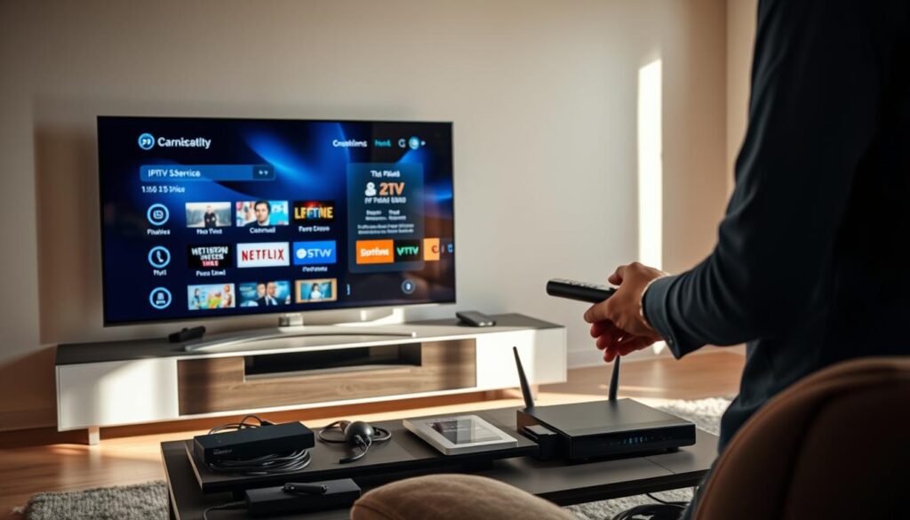 A sleek, modern living room setting showcasing a high-definition television displaying an IPTV service interface, with various icons representing channels and features. In the foreground, a user interacting with a remote control, clad in casual but professional attire. In the middle ground, a stylish media console with streaming devices, cables arranged neatly, and a wireless router, symbolizing the technological requirements for IPTV. The background features a softly lit ambiance, with natural light streaming in through a window, creating a warm and inviting atmosphere. Soft shadows enhance the depth, and the overall mood conveys innovation and comfort in home entertainment.