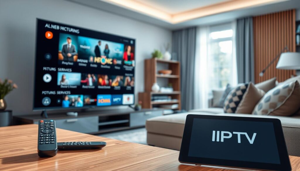 A sleek, modern living room setting showcasing the main features and services of IPTV CZ. In the foreground, a high-definition television displays various streaming options, with vibrant images of shows and movies visible. To the side, a stylish remote control and a tablet with the IPTV CZ logo highlight user-friendly interfaces. In the middle ground, a comfortable couch adorned with decorative pillows invites viewers to relax while enjoying content. The background features a large window with natural light streaming in, creating a warm and inviting atmosphere. The color palette includes soft blues and whites with warm wooden accents. Use soft, diffused lighting to enhance the cozy feel, and capture the scene with a slight angle to evoke depth and engagement.