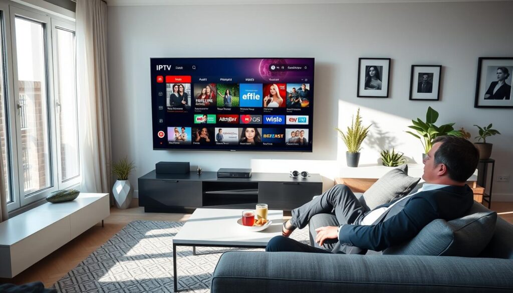 A sleek, modern living room setting with a large flat-screen TV displaying a vibrant and inviting IPTV interface, showcasing a selection of adult programming without explicit imagery. In the foreground, a person in smart casual attire is comfortably seated on a stylish couch, holding a remote control, looking relaxed and engaged. Soft natural lighting from a nearby window brightens the room, casting gentle shadows, while a minimalist coffee table holds snacks and drinks. The background features tasteful decor, like framed art and potted plants, creating a cozy atmosphere. The overall mood is welcoming and professional, emphasizing trust and reliability in the adult IPTV experience in the Netherlands.