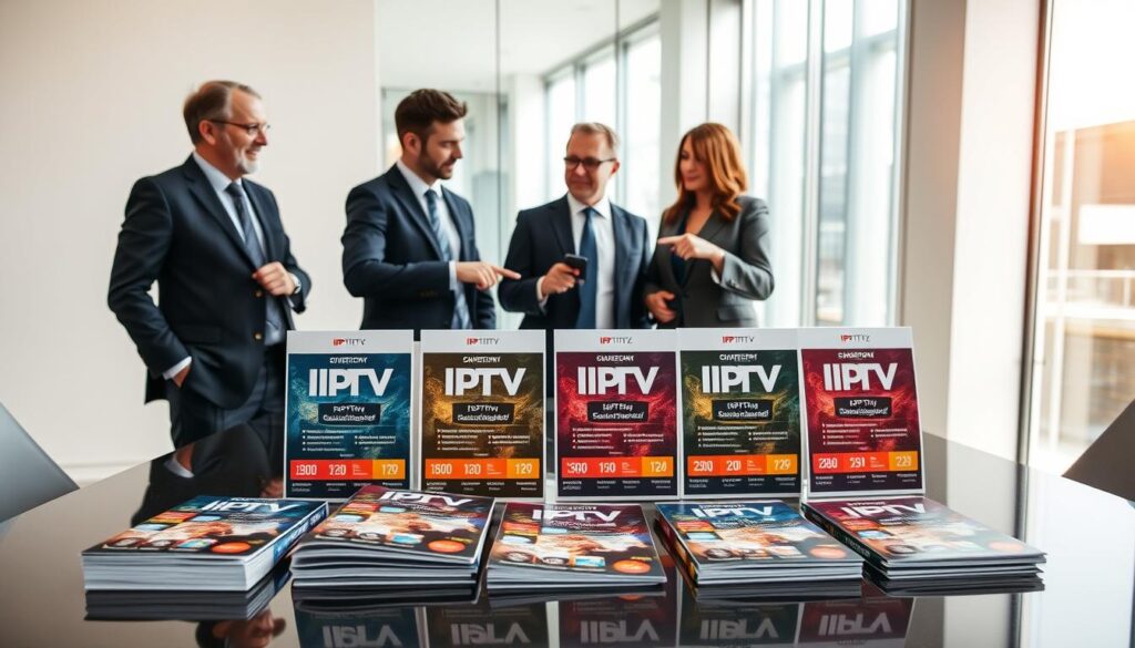 A sleek, modern office environment as the backdrop, emphasizing professionalism. In the foreground, a well-organized display of IPTV CZ subscription packages, represented by colorful, glossy brochures and flyers spread across a polished conference table. Each package prominently showcases its unique features and pricing, with eye-catching visuals that reflect quality streaming services. In the middle ground, a diverse group of three professionals—two men and one woman—dressed in smart business attire, discussing the IPTV options enthusiastically while pointing at the materials. Warm, natural lighting filters in from large windows, creating an inviting atmosphere. The scene conveys a sense of collaboration and decision-making, ideal for Dutch viewers exploring IPTV options.