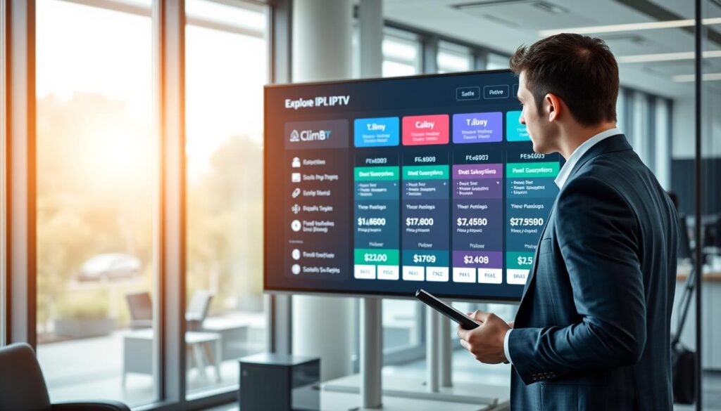 A sleek, modern office setting featuring a digital display screen showcasing various Climb IPTV subscription plans and pricing. In the foreground, a person in professional business attire examines the screen with a thoughtful expression, holding a tablet. The middle section includes a clear visualization of different subscription categories and prices, designed in an appealing infographic style, with vibrant colors and icons representing each plan. The background consists of a contemporary office environment with large windows allowing soft natural light to illuminate the scene, creating a bright and inviting atmosphere. The mood is focused and informative, aimed at conveying the value of exploring IPTV options.