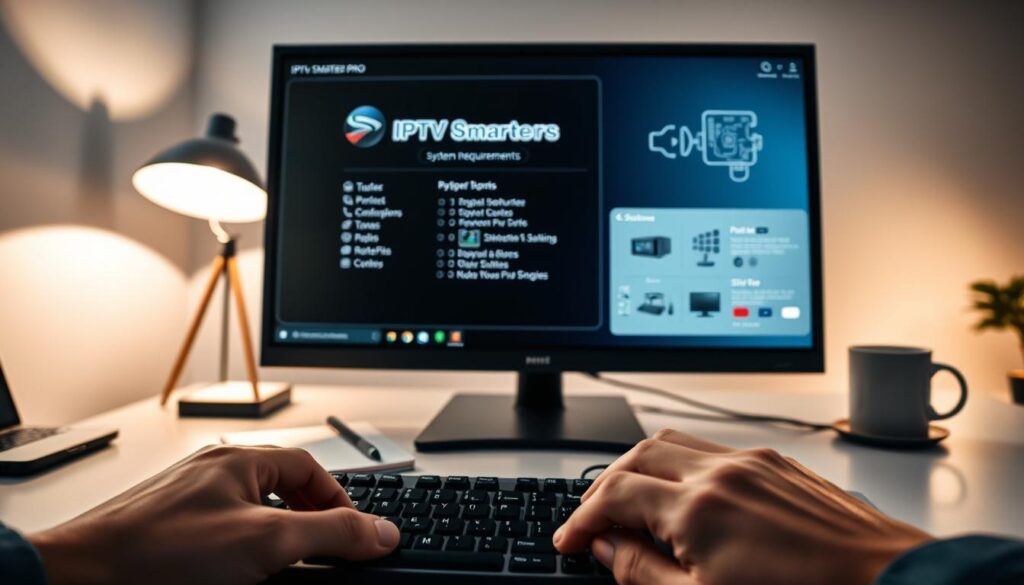 A sleek, modern workspace displaying a computer screen featuring the IPTV Smarters Pro interface. In the foreground, a close-up of the computer keyboard with hands typing, showcasing a professional atmosphere. The middle ground reveals a well-organized desk with a notebook, a cup of coffee, and technical device schematics to represent system requirements. The background captures an illuminated room with a subtle glow from a desk lamp, casting soft shadows to create a warm, inviting ambiance. The lighting is soft and clear, ensuring all details are sharp and focused. The overall mood is professional and informative, emphasizing productivity and clarity in understanding system requirements for IPTV Smarters Pro on Windows.