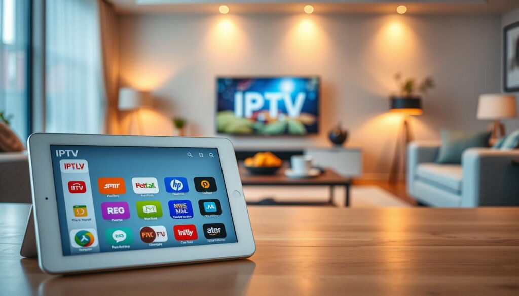 A sophisticated digital composition showcasing various IPTV subscription types. In the foreground, display a sleek tablet with various colorful IPTV app icons representing different subscription tiers, set against a soft-focus backdrop of a modern living room with a large flat-screen TV. In the middle, incorporate a stylish coffee table with a remote control and snacks, suggesting an inviting viewing experience. The background reveals a cozy atmosphere with warm lighting, soft couches, and ambient decor, hinting at relaxation and entertainment. Use a slightly elevated angle to capture the entire scene, evoking a harmonious and enjoyable environment for online television viewing. The overall mood should be vibrant, modern, and welcoming, appealing to tech-savvy audiences.