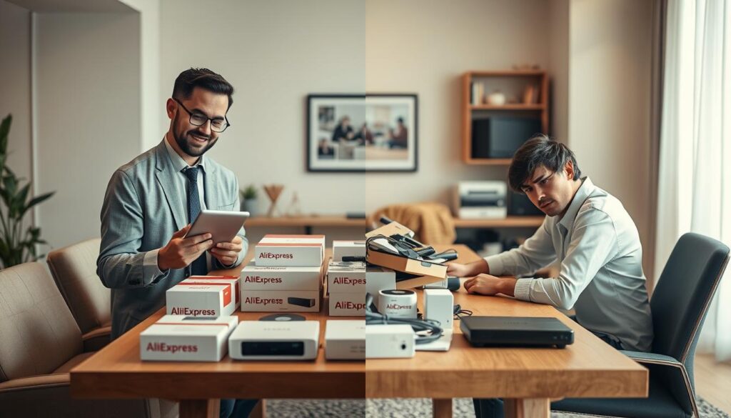 A split-screen image illustrating the advantages and disadvantages of IPTV via AliExpress. In the foreground, on the left side, depict a satisfied customer in professional attire, using a tablet to browse IPTV services. The middle ground shows a neatly arranged table with various IPTV devices and packaging from AliExpress, emphasizing the variety available. On the right side, illustrate a person looking frustrated, sitting at a cluttered desk with a broken IPTV device, showcasing the potential drawbacks. The background should feature a modern living room with soft, warm lighting to create an inviting, yet contemplative atmosphere. Use a slight tilt-angle perspective to enhance the dynamics of the image, focusing on clarity and detail to convey the contrasting experiences of IPTV shopping.