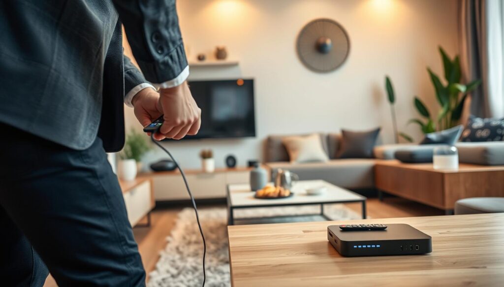 A stylish living room scene showcasing the installation of an IPTV box. In the foreground, a person, dressed in smart casual attire, is focused on connecting the IPTV box to a modern flat-screen TV and a sleek multimedia shelf. The IPTV box is small and rectangular, with visible ports and a glowing LED indicator. In the middle ground, a cozy couch and a coffee table with remote controls and snacks suggest a relaxed atmosphere. The background features a softly-lit wall with decorative elements, plants, and a window letting in warm natural light. The mood is engaging and informative, highlighting the ease and convenience of setting up IPTV. The angle is slightly elevated to capture the action while providing a clear view of the setup process.
