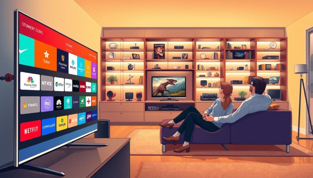 A vibrant and detailed illustration showcasing KPN IPTV's channel offerings and streaming services. In the foreground, include a sleek modern TV displaying a colorful grid of channel icons and streaming service logos, with illuminated screens to convey activity. In the middle ground, depict a cozy living room setting with a couple of viewers comfortably seated on a couch, dressed casually in professional attire, attentively watching the screen. The background features a stylish entertainment unit filled with digital devices, adding a tech-savvy atmosphere. Soft, warm lighting enhances the inviting mood, reflecting a home environment ideal for streaming entertainment. The overall feeling should be engaging and informative, while clearly representing the section's theme.