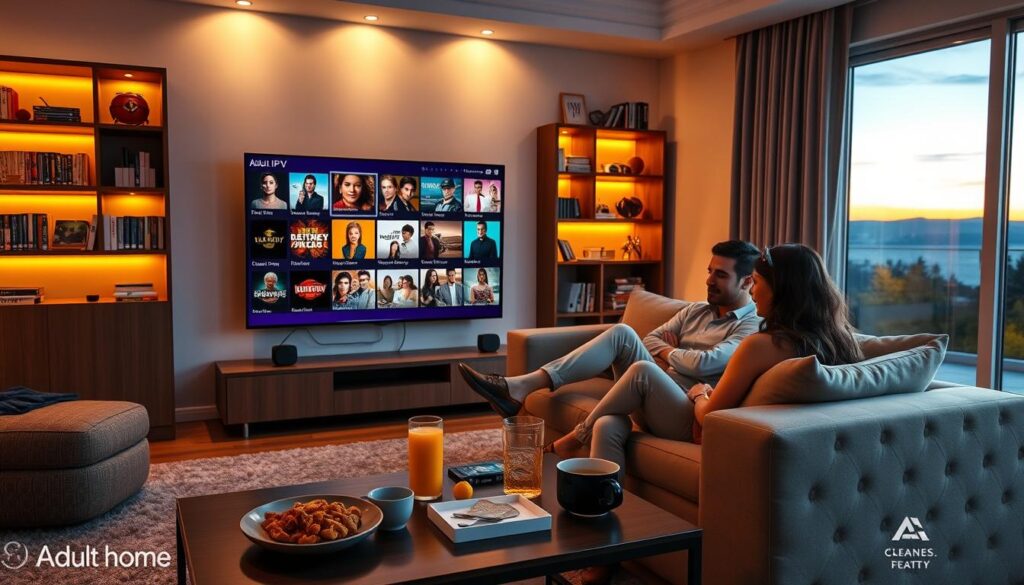 A vibrant living room scene depicting a cozy home entertainment setup, with a large flat-screen TV displaying a variety of colorful thumbnails representing different genres of adult IPTV content, such as movies, documentaries, and shows. In the foreground, include a stylish coffee table with snacks and drinks, creating an inviting atmosphere for viewers. The middle ground features a comfortable sofa with a couple of individuals dressed in smart casual attire, enjoying the content together. The background should have warm lighting to enhance the relaxed mood, with softly illuminated shelves displaying DVDs and books, and a window showing a picturesque evening sky. The overall ambiance should convey a sense of safety and enjoyment in home streaming.