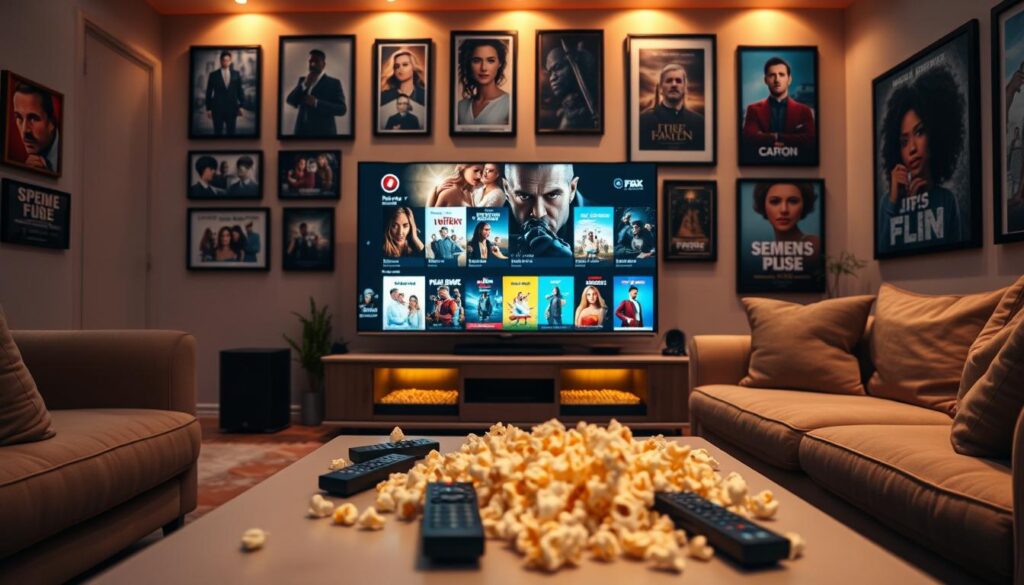 A vibrant living room scene showcasing a luxurious home entertainment system, prominently featuring a large, high-definition 4K TV displaying an array of colorful movie and series thumbnails. In the foreground, a sleek coffee table is cluttered with remotes and popcorn, enhancing the cozy, inviting atmosphere. In the middle ground, plush sofas with soft cushions create a welcoming space for viewers. The background reveals a wall adorned with framed posters from classic films and popular series, illuminated by soft, warm lighting that casts a comforting glow throughout the room. The perspective is from a slight angle, capturing both the TV and the intimate seating area, evoking a sense of relaxation and enjoyment in a modern home environment.