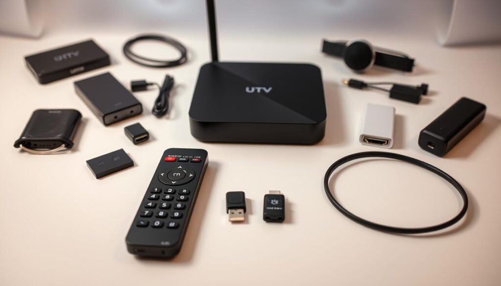 A visually appealing arrangement of accessories designed for an Android IPTV box. In the foreground, feature a sleek remote control with illuminated buttons, a compact USB flash drive, and a high-quality HDMI cable, all showcasing modern design elements. In the middle ground, present an Android IPTV box with a stylish, matte finish and subtle LED indicators. Surround it with additional items like a portable hard drive, cable organizers, and a wireless microphone. The background should have a subtle gradient, evoking a tech-savvy environment with soft, diffused lighting. Capture the scene from a slight overhead angle to enhance depth, emphasizing the organization and functionality of each accessory, with a clean and professional atmosphere.