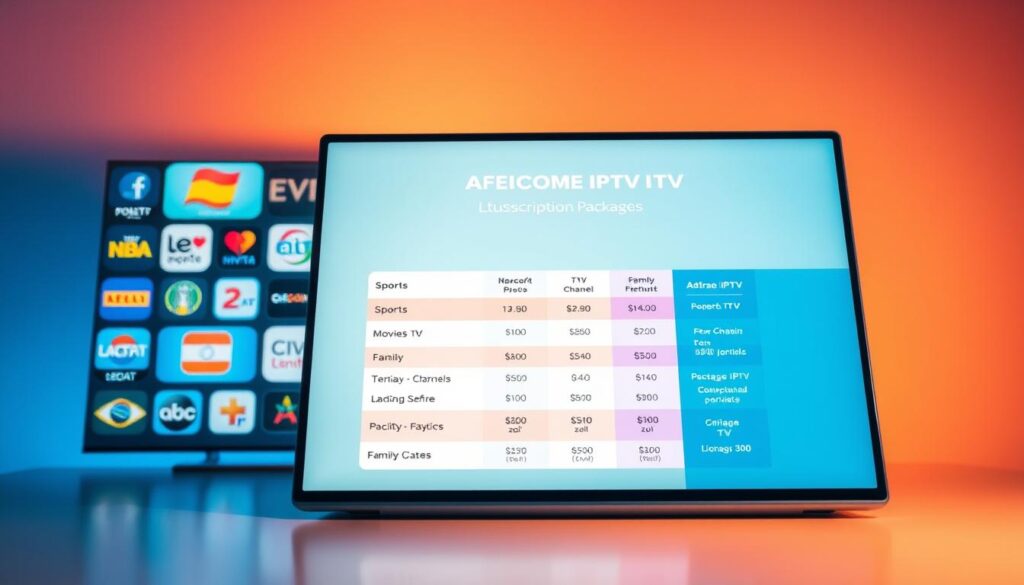 A visually appealing display of affordable IPTV subscription packages showcased on a sleek, modern digital interface. In the foreground, vibrant, colorful icons representing different Dutch TV channels are arranged in a grid pattern, each icon surrounded by subtle glowing effects. In the middle ground, an elegant tablet or laptop shows an interactive comparison of pricing and package features, with sections for sports, movies, and family content clearly defined. The background features a soft gradient, transitioning from warm orange to cool blue, creating a welcoming and informative atmosphere. Soft, diffused lighting enhances the modern feel, while the angle is slightly from above, giving a bird's-eye view. The overall mood is professional and inviting, ideal for potential customers exploring IPTV options.