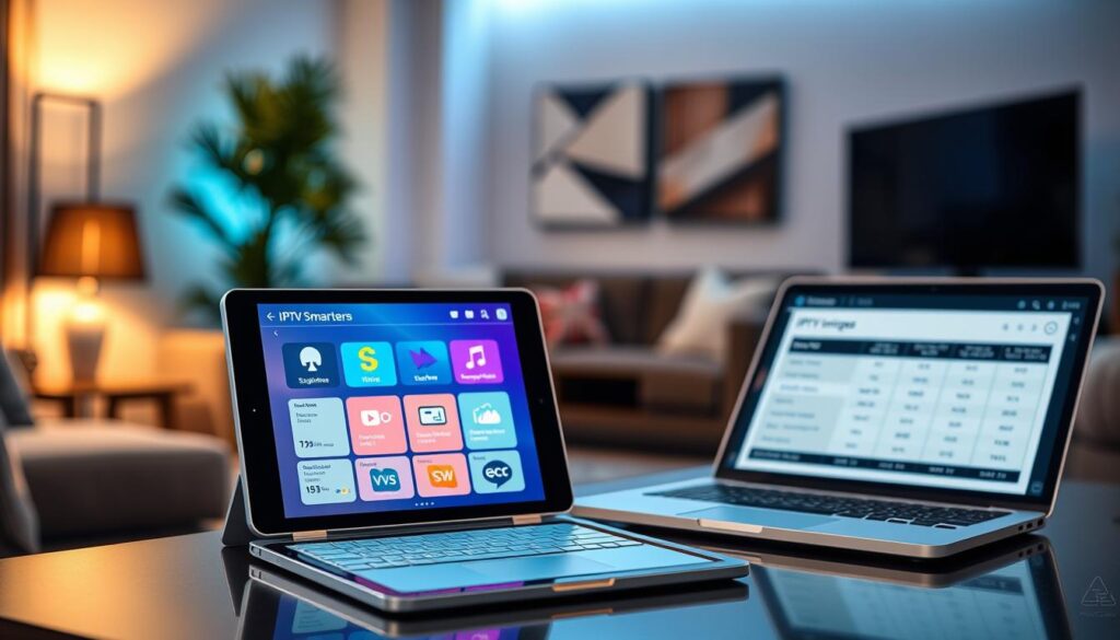 A visually appealing image showcasing IPTV Smarters subscription plans and pricing in a modern, digital context. In the foreground, display a sleek, high-tech tablet or smartphone featuring a vibrant interface of IPTV Smarters, with icons representing various subscription tiers. In the middle ground, include a stylish desk setup, complete with a laptop open to a margin of IPTV pricing charts. In the background, create a soft-focus view of a cozy living room, illuminated by warm, ambient lighting, to convey a comfortable viewing environment. Use a shallow depth of field to highlight the foreground devices while gently blurring the background. The atmosphere should be professional yet inviting, reflecting a contemporary approach to digital entertainment.