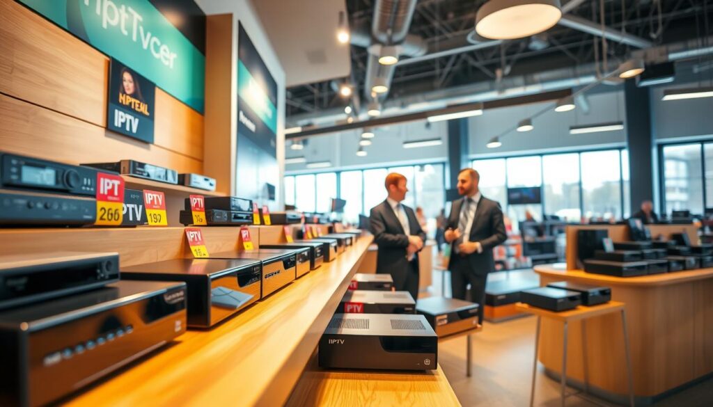A visually appealing, modern Dutch electronics store displaying a variety of IPTV boxes prominently showcased on a sleek wooden shelf. In the foreground, the IPTV boxes are organized neatly, highlighting their different designs and features, surrounded by colorful price tags. In the middle ground, customers—two professionals in business attire discussing their options—examine the products with interest. In the background, bright lighting illuminates the store, enhancing the vibrant colors of the boxes, while large windows allow natural light to stream in. The atmosphere is lively yet informative, aimed at conveying a sense of choice and comparison in the Dutch market for IPTV solutions.