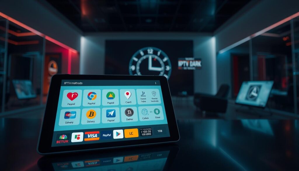 A visually engaging image depicting various payment methods and delivery timelines for IPTV Dark, set against a sleek, modern background that suggests technology and innovation. In the foreground, showcase a digital tablet displaying payment options such as credit cards, PayPal icons, and cryptocurrency symbols, all in vibrant colors. In the middle ground, illustrate a clock or calendar emphasizing delivery times, perhaps with subtle animations or timelines shown. In the background, create a minimalistic tech-themed environment with soft ambient lighting, creating a professional and inviting atmosphere. The overall mood should be informative yet approachable, suitable for an audience in the Netherlands. Use a wide-angle lens effect to capture depth without overcrowding the image.