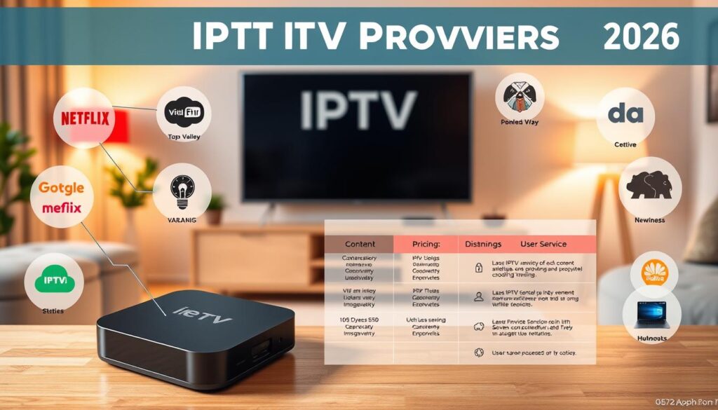 A visually engaging infographic illustrating popular IPTV providers and their distinctive features. In the foreground, display a sleek, modern electronic device like a smart TV or streaming box, surrounded by icons representing various IPTV services, each with unique logos. In the middle ground, include a stylized chart or list showcasing key characteristics of these providers, such as content variety, pricing, and user interface, presented in an organized manner. The background should feature a cozy living room setting with warm, inviting lighting, emphasizing a comfortable viewing experience. The atmosphere should feel informative yet accessible, appealing to audiences interested in IPTV options for 2026. Use a balanced composition with a clear focus on the devices and features. A visually engaging infographic illustrating popular IPTV providers and their distinctive features. In the foreground, display a sleek, modern electronic device like a smart TV or streaming box, surrounded by icons representing various IPTV services, each with unique logos. In the middle ground, include a stylized chart or list showcasing key characteristics of these providers, such as content variety, pricing, and user interface, presented in an organized manner. The background should feature a cozy living room setting with warm, inviting lighting, emphasizing a comfortable viewing experience. The atmosphere should feel informative yet accessible, appealing to audiences interested in IPTV options for 2026. Use a balanced composition with a clear focus on the devices and features.