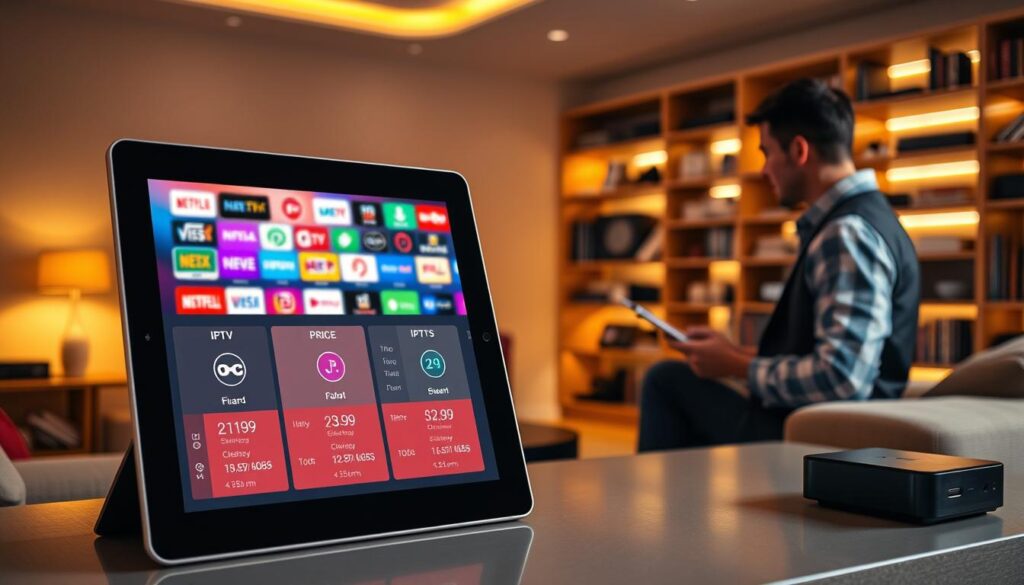 A visually engaging scene illustrating various IPTV subscription plans and prices. In the foreground, a sleek tablet displays an overview of vibrant IPTV pricing options with icons representing different channels, alongside a professional person in smart casual attire analyzing the data. The middle ground features a modern living room with a large smart TV, showcasing colorful streaming options on the screen. In the background, bright, warm lighting creates an inviting ambiance, while a bookshelf filled with tech gadgets and streaming devices enhances the theme. The overall mood is informative and contemporary, emphasizing the ease and accessibility of IPTV services in a stylish setting.