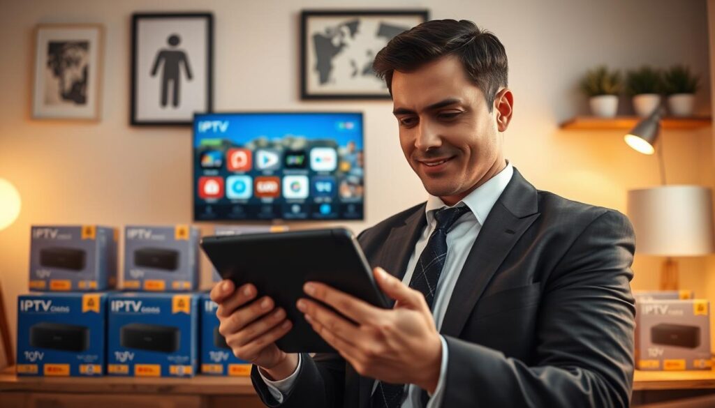 A visually engaging scene showcasing reliable IPTV subscriptions from AliExpress. In the foreground, a clean-cut individual in professional business attire is examining a tablet with a confident expression. On the tablet screen, vibrant icons representing various IPTV channels are visible. The middle ground features neatly arranged, colorful packages of IPTV devices, each labeled with trust symbols like stars and checkmarks. The background includes a well-organized home office setup, decorated with subtle tech-oriented decor, creating a sense of modernity and reliability. Soft, warm lighting casts a welcoming glow over the scene, emphasizing the individual's focus and optimism. The overall atmosphere is one of trust, professionalism, and technological advancement, ideal for showcasing IPTV services.