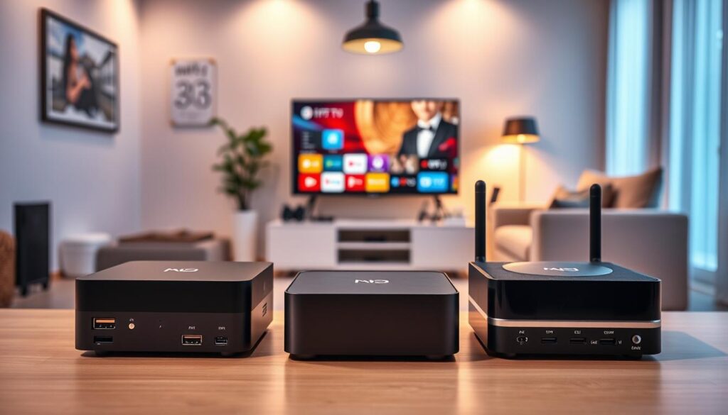 A visually striking comparison of the best Android IPTV box models of 2025. In the foreground, feature three sleek, modern Android IPTV boxes with distinct designs and colors, showcasing their unique features like USB ports and LED indicators. In the middle ground, arrange a minimalist desk setup with a high-resolution smart TV displaying a vibrant streaming interface. In the background, create a cozy living room environment with soft ambient lighting, highlighting a comfortable sofa and stylish decor. Use a high-angled perspective to convey a tech-savvy atmosphere, with warm lighting that suggests a relaxed, inviting mood. The overall composition should engage viewers' curiosity and convey the advanced technology of these IPTV models, while remaining professional and visually appealing.