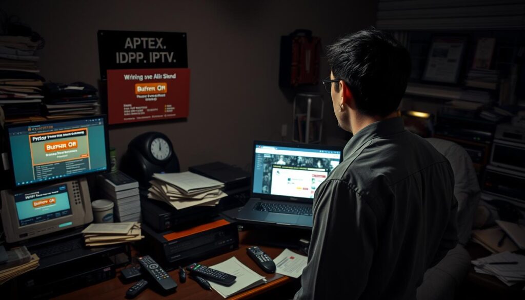 A visually striking composition depicting the drawbacks of IPTV via AliExpress. In the foreground, a concerned person in professional attire gazes at a cluttered desk filled with IPTV devices, remote controls, and user manuals, showcasing confusion and frustration. The middle ground features a computer screen displaying buffering symbols and error messages, along with a laptop showing a sketchy-looking streaming website. The background includes a dimly lit room with an unkempt atmosphere, hinting at potential risks: a cluttered corner with scattered papers and notifications of suspicious online warnings. Use soft, moody lighting to enhance the sense of uncertainty, captured from a slightly tilted angle to evoke unease. The overall mood should convey concern and skepticism about IPTV services from AliExpress.