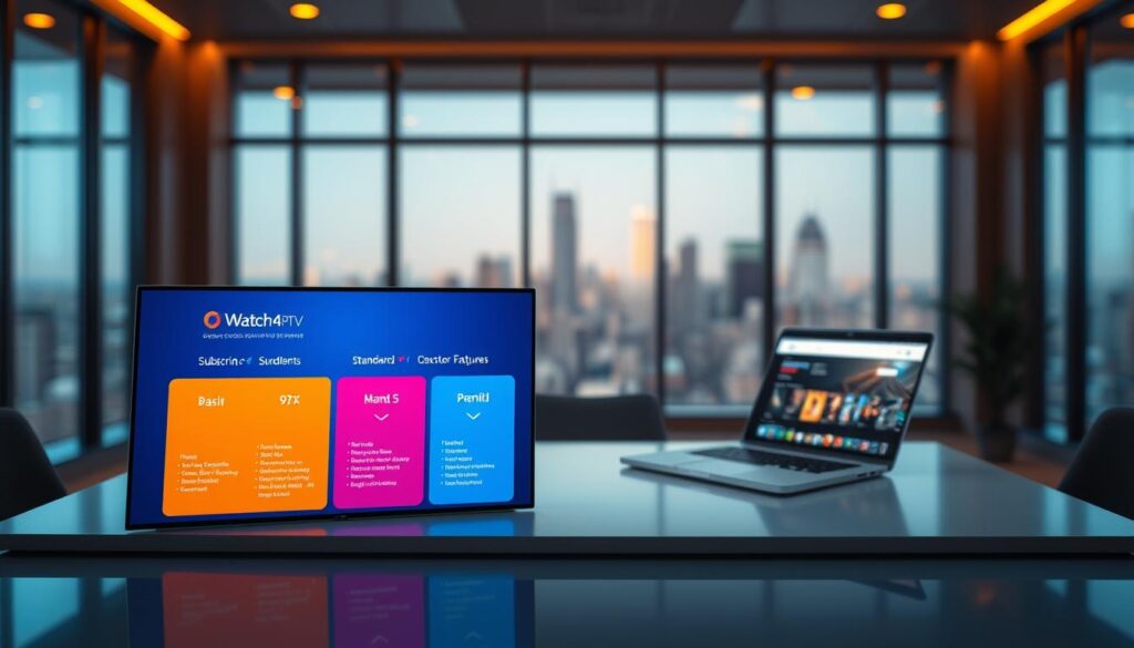 A visually striking composition showcasing the subscription plans and pricing models of Watch4K IPTV. In the foreground, a sleek digital interface with vibrant, colorful icons representing different subscription tiers - basic, standard, and premium options, each with unique features highlighted. In the middle ground, an elegant, minimalist desk space illuminated by soft, warm lighting, with a modern laptop open, displaying the Watch4K IPTV website, emphasizing user-friendly navigation. In the background, a blurred cityscape view through a large window, suggesting a tech-savvy, urban environment. The atmosphere conveys innovation and accessibility, inviting viewers to explore content options. Use a shallow depth of field to ensure focus on the foreground elements.