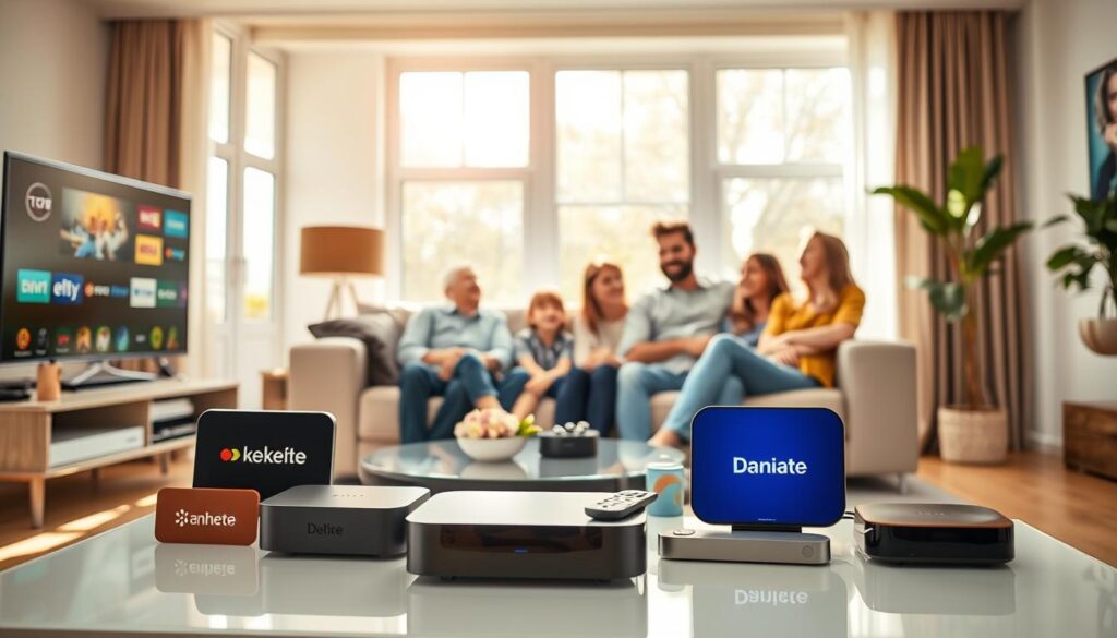 A visually striking representation of popular IPTV subscriptions and packages in the Netherlands, featuring an arrangement of various sleek, modern streaming devices displaying vibrant logos of well-known companies. In the foreground, a bright living room scene with a stylish TV stand, colorful streaming devices, and a decorative coffee table with a remote control. The middle ground showcases a family enjoying a streaming experience together on a comfortable couch, dressed in casual, stylish clothing, with engaging expressions of excitement. The background features large windows allowing soft, warm daylight to flood the room, complemented by chic decor that reflects a contemporary Dutch interior. The overall atmosphere is inviting and informative, emphasizing the enjoyment and choice of IPTV subscriptions.