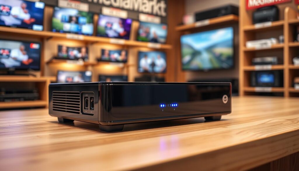 A well-designed IPTV box displayed prominently on a sleek, modern wooden table, evoking a tech-savvy ambiance. The model, featuring a glossy black finish with subtle blue LED lights, showcases its ports and features clearly. In the background, blurred shelves filled with various electronic devices, including televisions and streaming devices, hint at a bustling MediaMarkt store. Soft, warm lighting creates a welcoming atmosphere, emphasizing the IPTV box as the focal point. The angle is slightly tilted, capturing both the box's elegance and the excitement of modern streaming technology. The image invokes a sense of innovation and entertainment, ideal for tech enthusiasts looking for smart streaming solutions.