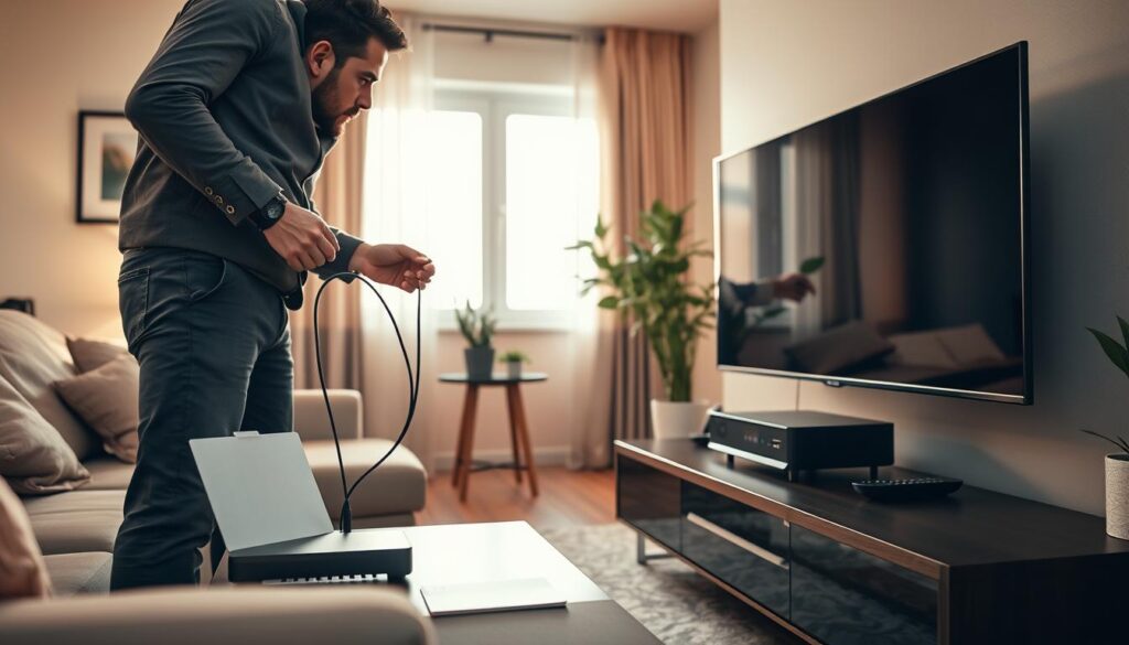 A well-lit living room scene featuring a modern IPTV set-top box being installed. In the foreground, a professional technician in a smart casual outfit connects the device to a flat-screen TV and a Wi-Fi router, showcasing clear cables and connections. The middle layer includes the set-top box prominently displayed on a sleek media console, with remote controls and a user manual nearby. In the background, soft, warm lighting filters through a window, giving a cozy atmosphere. The room is tastefully decorated, reflecting a contemporary home environment, with a few indoor plants and decorative items that add to the ambiance. The angle of the shot is slightly elevated, providing a clear view of both the technician's focused task and the IPTV setup.