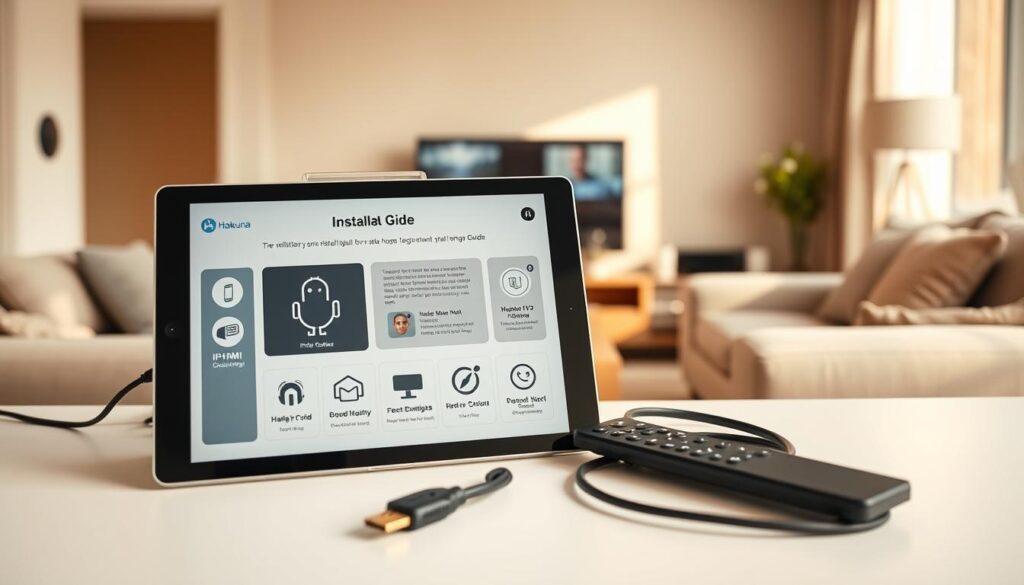 A well-organized installation guide for Hakuna IPTV, presented creatively. In the foreground, a sleek tablet displaying the installation interface with clear icons and instructions, surrounded by a modern remote control and HDMI cables. The middle ground features a cozy living room setup, including a stylish TV and comfortable seating, with a subtle hint of an IPTV box on a side table. The background shows a softly lit room with warm colors and minimalistic décor, creating an inviting atmosphere. Soft, diffused lighting enhances the scene, resembling late afternoon sunlight. The image should have a professional, tidy feel, appealing to tech-savvy viewers. Avoid any text or watermarks in the final composition.