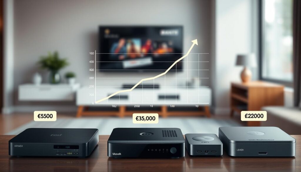 An infographic-style illustration showcasing the price range of IPTV boxes in the Netherlands. In the foreground, several IPTV boxes of different designs and sizes featuring labels indicating various price points, such as €50, €100, €150, and €200. The middle section displays a chart with a rising trend line, representing the increasing features and quality with higher prices. The background features a blurred image of a modern living room, with a television displaying IPTV content. Soft, natural lighting enhances the ambiance, creating an inviting atmosphere. The scene is shot from a slightly elevated angle to give a comprehensive view of the composition, emphasizing the diversity and market range of IPTV boxes.