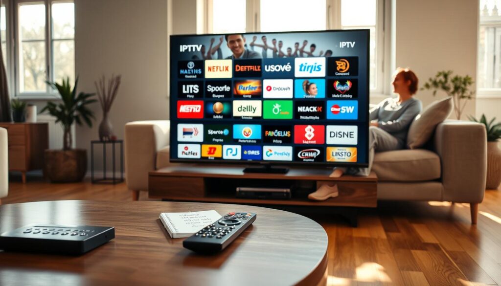 A bright, modern living room scene showcasing a sleek television displaying a variety of IPTV channels, illustrating Dutch television content. In the foreground, a stylish coffee table features a remote control and a notepad listing popular channels like sports, news, and entertainment. The middle ground highlights a comfortable sofa with a person in professional casual attire, happily watching the TV, surrounded by family. The background reveals large windows with natural light flooding in, casting gentle shadows on the warm wooden floor. Soft, inviting colors create a cozy atmosphere, emphasizing relaxation and family time while celebrating the diversity of channels in an IPTV subscription. Ideal lighting for a bright and lively setting, conveying a sense of joy and entertainment.