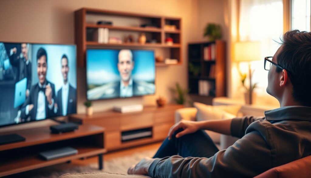 A close-up of a modern living room with a sleek flat-screen TV and a comfortable sofa, set in warm, inviting lighting that creates a relaxed atmosphere. In the foreground, a person dressed in smart casual attire is intently watching the TV, showcasing engagement with the content. In the middle ground, a small streaming device is visible on a stylish media console, symbolizing IPTV technology. The background features a cozy home environment with personal touches like plants and bookshelves, emphasizing comfort and ease of use in home entertainment. The overall mood is focused and serene, reflecting the importance of stable streaming for an enjoyable viewing experience.
