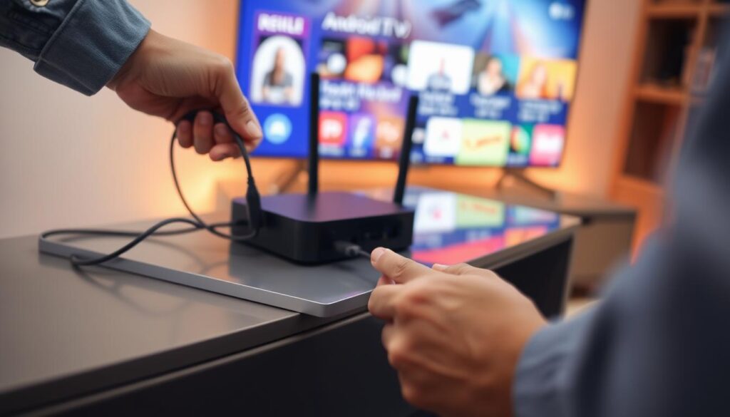 A close-up scene of a person's hands connecting various peripherals to an Android TV box on a sleek, modern TV stand. The person is wearing casual yet professional clothing, showcasing a careful and deliberate approach. In the foreground, focus on the cables and connectors like HDMI and USB, distinctly showing how they fit into the box's ports. In the middle ground, the Android TV box sits on the stand, with subtle lighting reflecting off its surface, emphasizing its contemporary design. The background features a large TV screen displaying a vibrant interface. Soft, warm ambient lighting creates a cozy atmosphere, suggesting a comfortable living room environment, inviting viewers to engage with the technology.