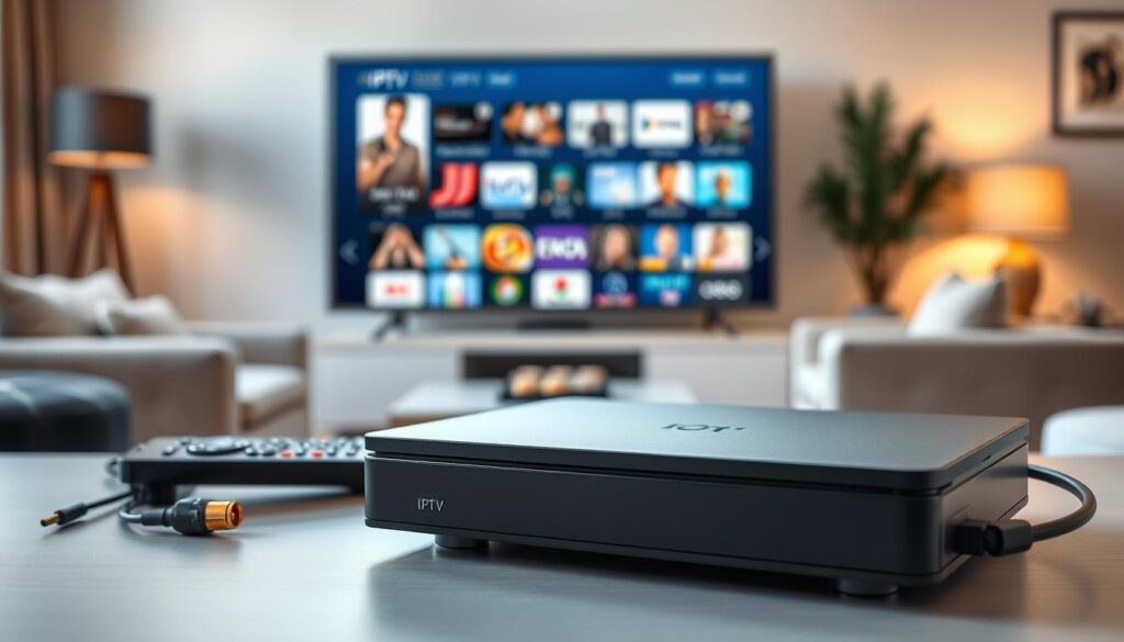 A close-up view of an IPTV box with sleek lines and modern design positioned prominently in the foreground. The box is surrounded by essential accessories like a remote control and a coaxial cable, showcasing its features. In the middle ground, a stylish living room setup with a large flat-screen TV displaying various streaming options gives a context of its use. Soft, natural lighting illuminates the scene, creating a warm and inviting atmosphere. The background features a tastefully decorated room with minimalistic furniture, conveying a sense of comfort and relaxation. The visual mood reflects a tech-savvy lifestyle, emphasizing the practicality and advanced specifications of the IPTV box for effortless TV viewing.