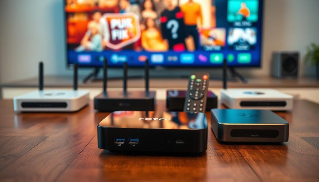 A collection of sleek Android TV IPTV box models displayed on a modern wooden table, capturing various angles. In the foreground, a well-lit box with a glossy finish showcases its ports and remote control. In the middle, several other models with unique designs and colors are arranged harmoniously, emphasizing their distinct features. The background features a blurred TV screen displaying vibrant content, hinting at their purpose. Soft, warm lighting creates an inviting atmosphere, enhancing the appeal of the devices. The scene is shot from a slightly elevated angle to provide a comprehensive overview while maintaining focus on the IPTV boxes. The overall mood is professional and informative, suited for a tech-focused audience.