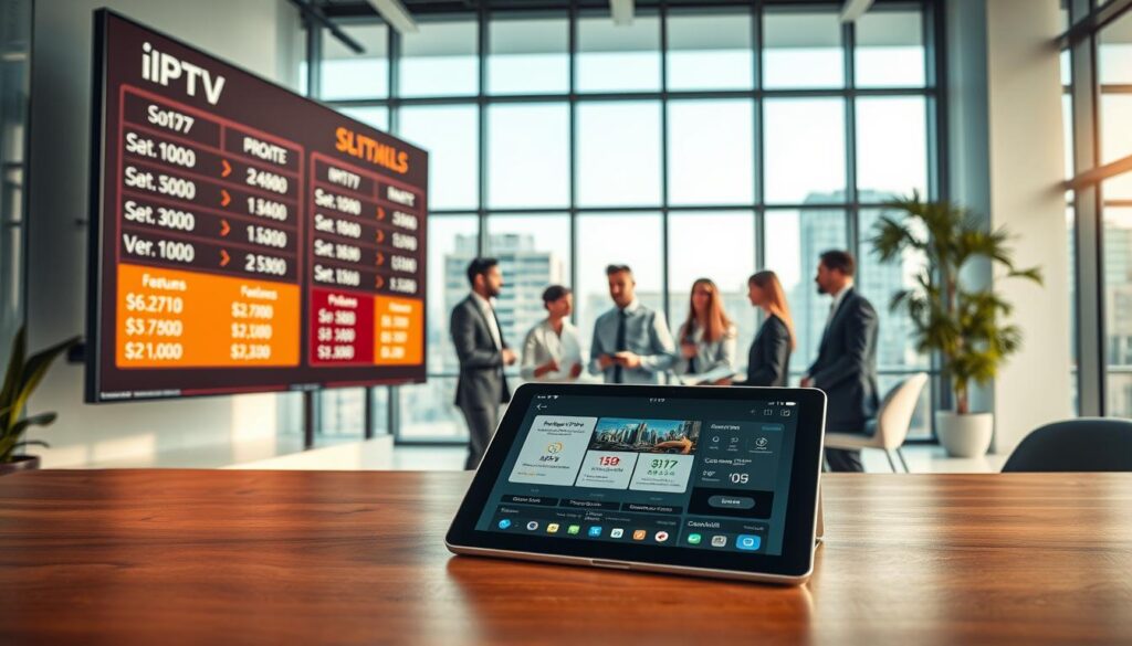 A conceptual illustration of IPTV service plans, showcasing a digital billboard displaying various subscription prices and features. In the foreground, a sleek modern tablet sits atop a wooden desk, open to an IPTV app interface. In the middle ground, a diverse group of professionals in business attire discuss the options, with documents and charts spread before them. The background features a high-tech office with large windows, allowing natural light to flood in, creating a bright and inviting atmosphere. The scene captures a sense of collaboration and decision-making, with a focus on clear visual representations of costs, subscription tiers, and user-friendly interfaces. The overall mood is professional and informative, highlighting the important aspects of IPTV offerings.