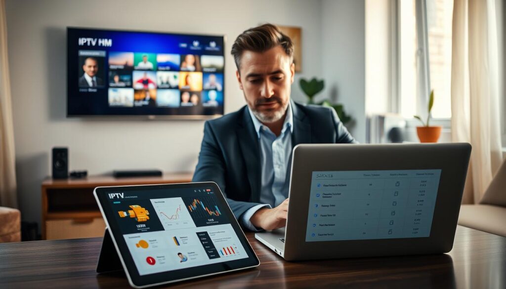 A cozy home office scene showcasing a professional man in a smart casual outfit, sitting at a desk and intently analyzing IPTV service options on his laptop. In the foreground, a digital tablet displaying IPTV service selections and comparison charts. The middle ground features a wall-mounted TV streaming various channels, casting a warm glow. Soft natural light filters through a nearby window, illuminating the space with an inviting atmosphere. A potted plant and some books are arranged neatly on a shelf in the background, emphasizing a relaxed yet focused environment. The mood is thoughtful and discerning, reflecting the theme of evaluating IPTV services carefully.