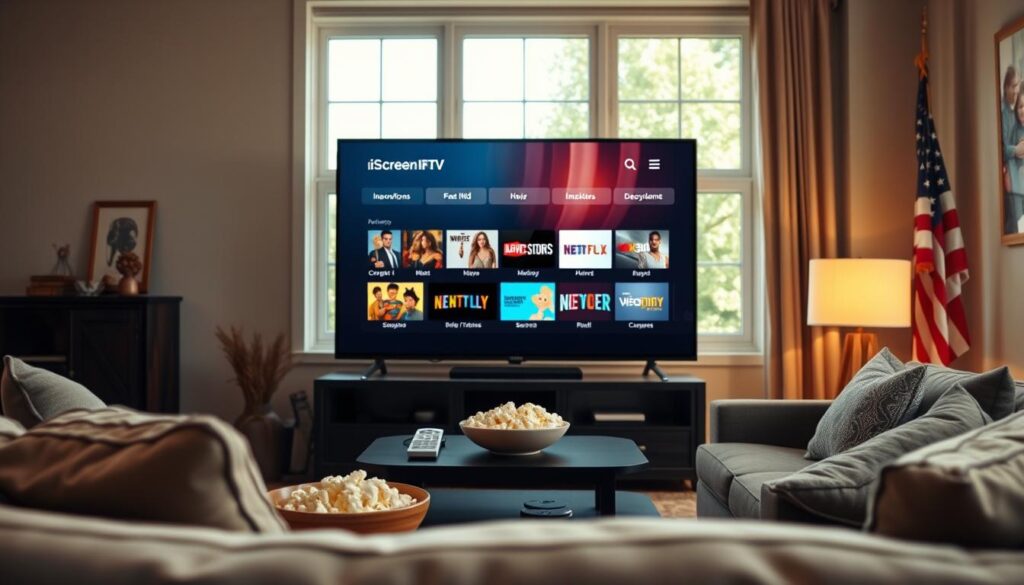 A cozy living room scene featuring a modern, sleek TV displaying the iScreenHD IPTV interface, showcasing a variety of American content channels. In the foreground, a comfortable couch with plush cushions, and a coffee table adorned with a bowl of popcorn and a remote control. A large window in the background lets in warm, natural light, enhancing the inviting atmosphere. The room is well-decorated with subtle American-themed decor, such as a flag or framed artwork. The angle captures the viewer's perspective as if they are about to sit down to enjoy some quality streaming time. The overall mood is relaxed and inviting, perfect for easy home viewing experiences.