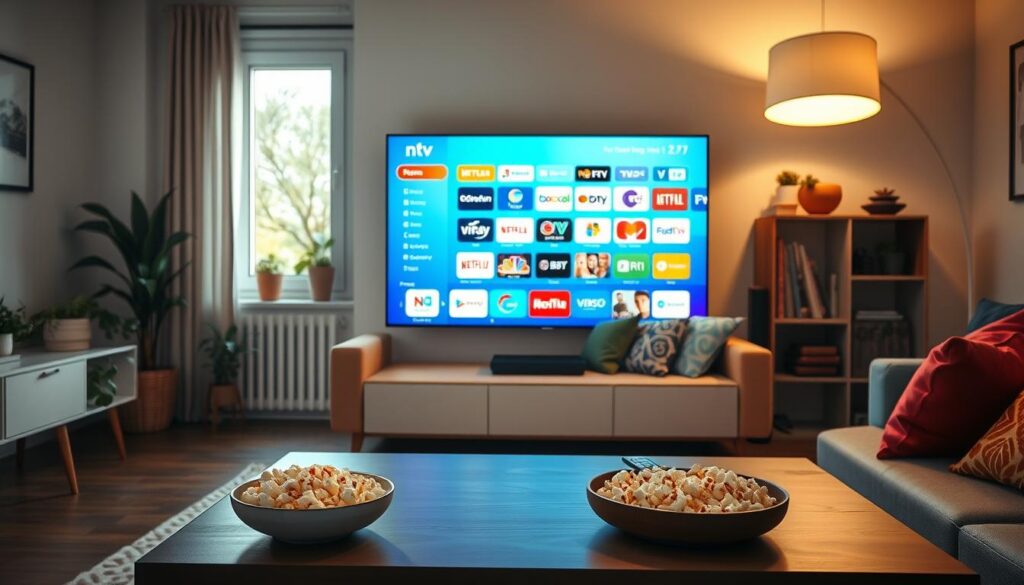 A cozy living room scene featuring a modern, sleek television displaying a vibrant interface of n1 IPTV streaming options, highlighting a wide variety of channels. In the foreground, a stylish coffee table holds a bowl of popcorn and a remote control, inviting relaxation. In the middle, a comfortable couch with colorful cushions is positioned toward the TV. The background showcases a window with natural daylight streaming in, illuminating the space and creating a warm atmosphere. The room has a contemporary design, with minimalist decorations and house plants. Soft lighting from a floor lamp enhances the inviting mood, emphasizing the essence of reliable streaming enjoyment in the Netherlands. A cozy living room scene featuring a modern, sleek television displaying a vibrant interface of n1 IPTV streaming options, highlighting a wide variety of channels. In the foreground, a stylish coffee table holds a bowl of popcorn and a remote control, inviting relaxation. In the middle, a comfortable couch with colorful cushions is positioned toward the TV. The background showcases a window with natural daylight streaming in, illuminating the space and creating a warm atmosphere. The room has a contemporary design, with minimalist decorations and house plants. Soft lighting from a floor lamp enhances the inviting mood, emphasizing the essence of reliable streaming enjoyment in the Netherlands.