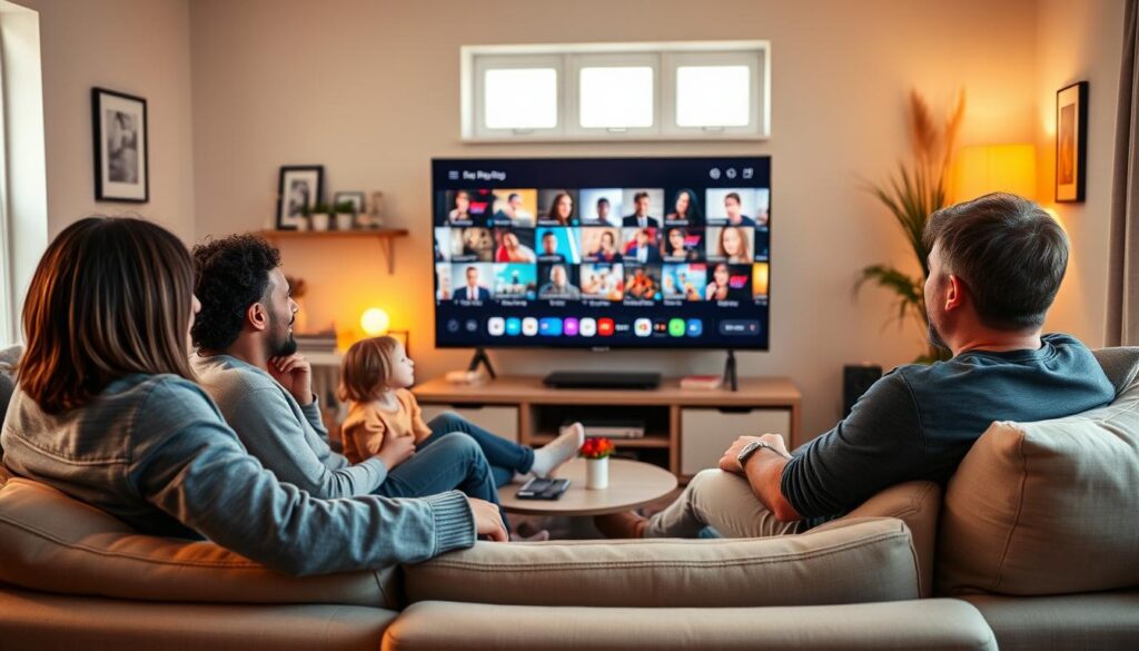 A cozy living room scene showcasing a family enjoying IPTV streaming on a modern flat-screen television. In the foreground, a diverse family in casual clothing sits comfortably on a stylish sofa, smiling as they watch their favorite shows. The middle ground features the television displaying vibrant streaming content, emphasizing the ease of access and clarity of the service. The background includes subtle decorations typical of a Dutch home, with warm lighting creating an inviting atmosphere. The room is well-lit with soft natural light filtering through a window, enhancing the feeling of comfort and reliability. The overall mood is cheerful and relaxed, perfectly capturing the essence of home entertainment with n1 IPTV in the Netherlands. A cozy living room scene showcasing a family enjoying IPTV streaming on a modern flat-screen television. In the foreground, a diverse family in casual clothing sits comfortably on a stylish sofa, smiling as they watch their favorite shows. The middle ground features the television displaying vibrant streaming content, emphasizing the ease of access and clarity of the service. The background includes subtle decorations typical of a Dutch home, with warm lighting creating an inviting atmosphere. The room is well-lit with soft natural light filtering through a window, enhancing the feeling of comfort and reliability. The overall mood is cheerful and relaxed, perfectly capturing the essence of home entertainment with n1 IPTV in the Netherlands.
