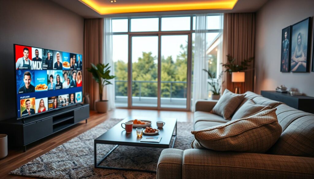 A cozy living room scene showcasing a high-quality streaming experience with GoFast IPTV. In the foreground, a sleek modern TV displays vibrant, crystal-clear images of popular shows and movies, showcasing their high definition. A comfortable couch with plush pillows invites viewers to relax. The middle ground features a coffee table with snacks and drinks neatly arranged, enhancing the viewer's enjoyment. In the background, large windows allow natural light to pour in, giving a warm and inviting atmosphere. Soft, ambient lighting complements the space, creating a relaxed and engaging mood ideal for streaming. Ensure the room design is contemporary with subtle decor elements that reflect modern living. The overall ambiance should convey smooth and enjoyable viewing, emphasizing the joy of quality streaming.