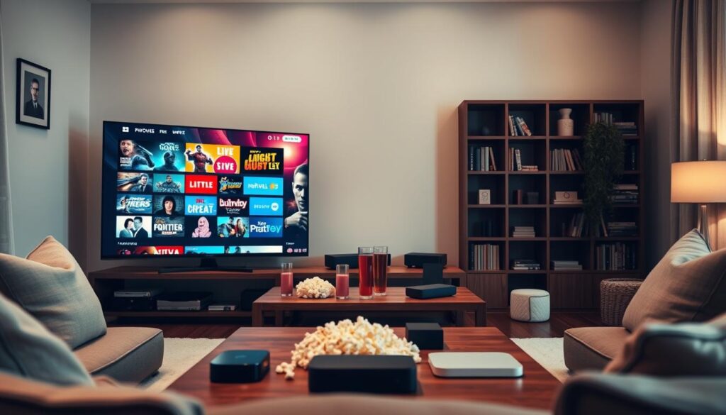 A cozy living room scene showcasing a modern home entertainment setup. In the foreground, a sleek, large flat-screen TV displays vibrant, colorful thumbnails of various live TV channels and movies, capturing attention with enticing visuals. Surrounding the TV, comfortable and stylish furniture invites viewers to sit and enjoy. The middle ground features a rich wooden coffee table adorned with popcorn, drinks, and streaming devices, enhancing the atmosphere of a movie night. In the background, soft ambient lighting creates a warm and inviting mood, with subtle shadows adding depth. The overall scene exudes a sense of relaxation and enthusiasm for a vast selection of content, emphasizing a generous offering of thousands of live channels and films. The angle of the image is slightly low, focusing on the TV and living space, accentuating the immersive home viewing experience.