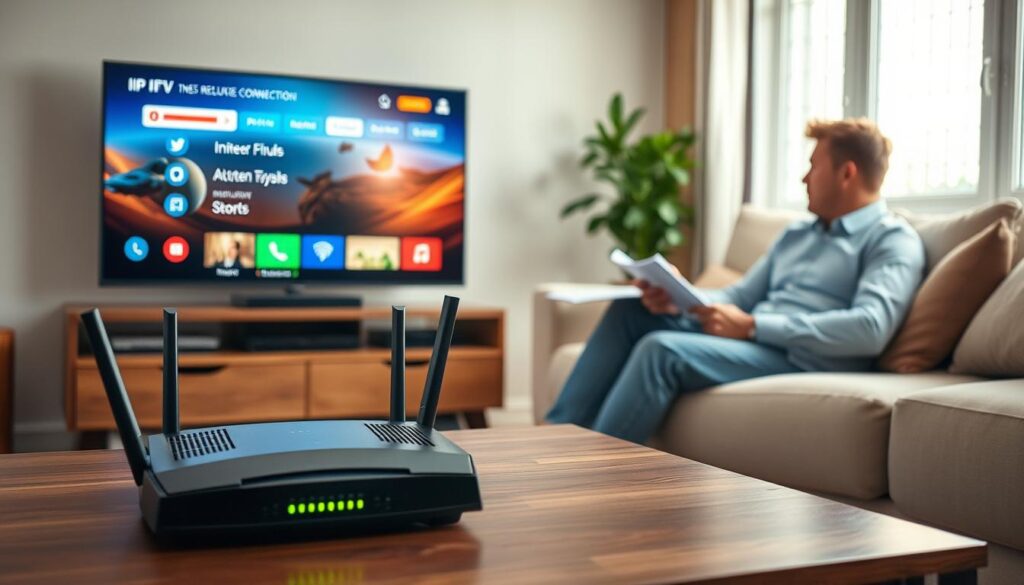 A cozy living room scene showcasing a modern television displaying an IPTV interface, with a focus on tips to reduce buffering and connection issues. In the foreground, a well-organized coffee table holds a router with visible network lights indicating good connectivity. Middle ground: a comfortable couch with a person dressed in smart casual attire, intently watching the TV, taking notes on a notepad. The background includes a well-lit window with sunlight streaming in, enhancing the warm atmosphere of the room. Use soft, natural lighting for a welcoming feel, with a slight depth of field to emphasize the digital connection theme, creating an informative yet relatable mood.