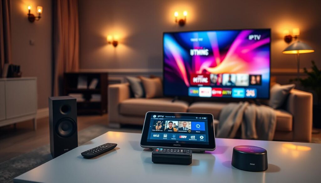 A cozy living room setting designed for an optimal IPTV experience. In the foreground, a stylish smart TV with vivid imagery displaying a vibrant IPTV interface, flanked by modern sound system speakers. On a sleek coffee table, there's a user-friendly remote control and a tablet showcasing streaming options. In the middle ground, comfortable seating like a plush sofa with cozy cushions, inviting viewers to relax. The background features warm lighting from wall sconces, creating a welcoming and intimate atmosphere. Soft shadows enhance depth, while a subtle bokeh effect adds to the cinematic feel, inviting the viewer to imagine an immersive entertainment experience.