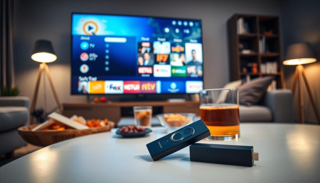 A cozy living room setting featuring a modern Smart TV showcasing an IPTV interface. In the foreground, a sleek black Firestick remote lies on a coffee table, surrounded by snacks and a soothing beverage. In the middle, the TV screen displays vibrant channels, emphasizing the functionality of IPTV on various devices. In the background, a stylish couch and a bookshelf add warmth to the scene, illuminated by soft, ambient lighting from a floor lamp. The angle captures the inviting atmosphere, suggesting relaxation and enjoyment while watching content. The overall mood is casual yet sophisticated, perfect for illustrating the versatility of IPTV across different devices.